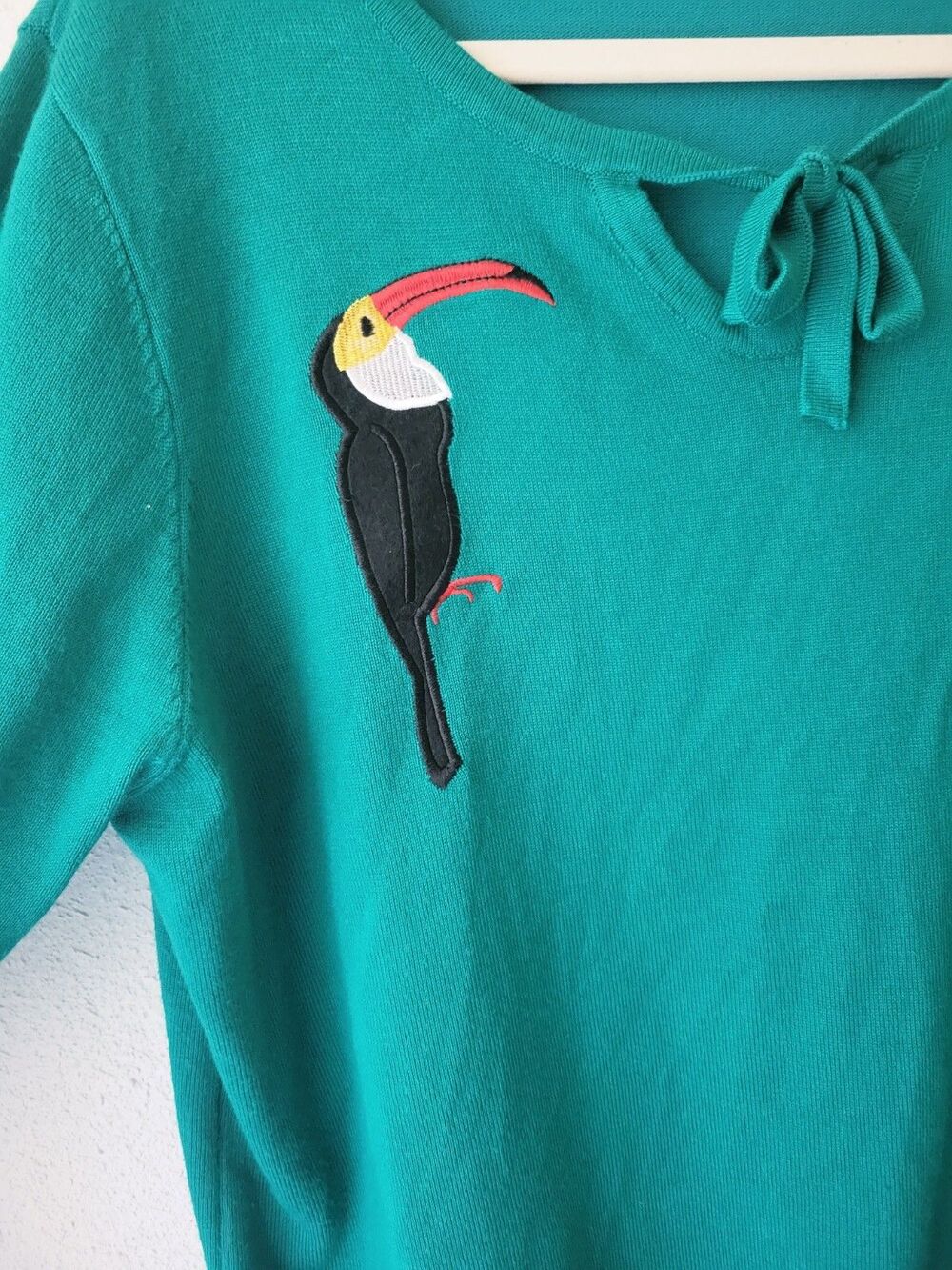Belle Poque Toucan Sweater Women's XL Green Tie Neck 3/4 Sleeve Tropical Knit - Picture 3 of 6